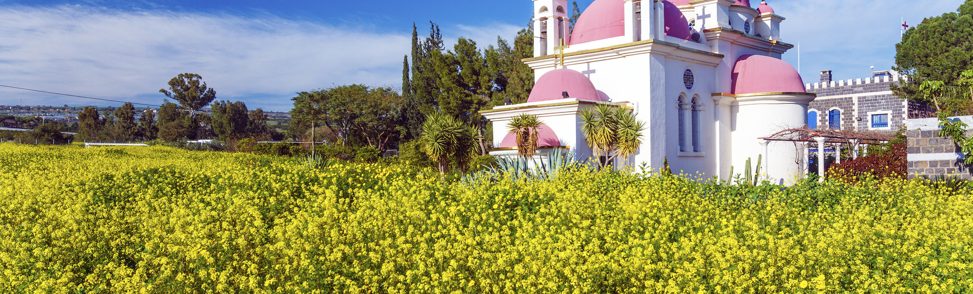 Rosa Kuppeln der griechisch-orthodoxen Kirche in Kapernaum, Israel