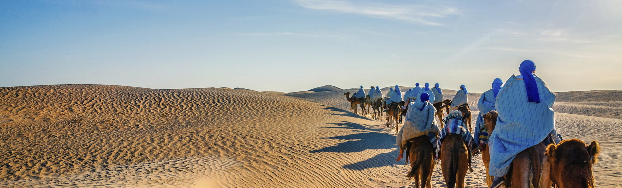Kolonne an Kamelen durch die Sahara Wüste, Tunesien