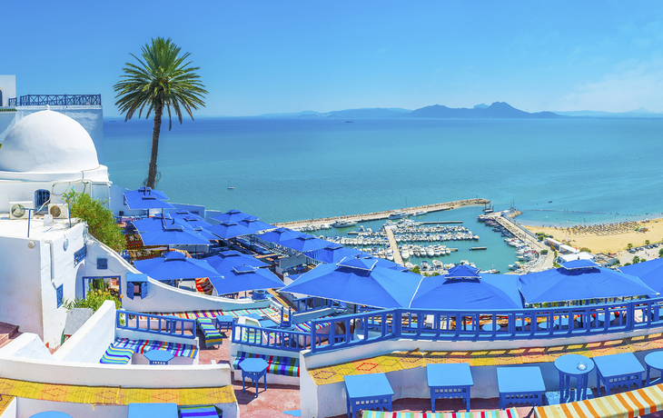 Aussicht auf den Hafen von Sidi Bou Said, Tunesien