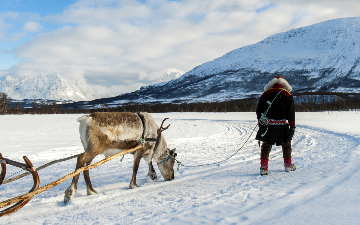 Mann mit Rentier in Tromso, Norwegen