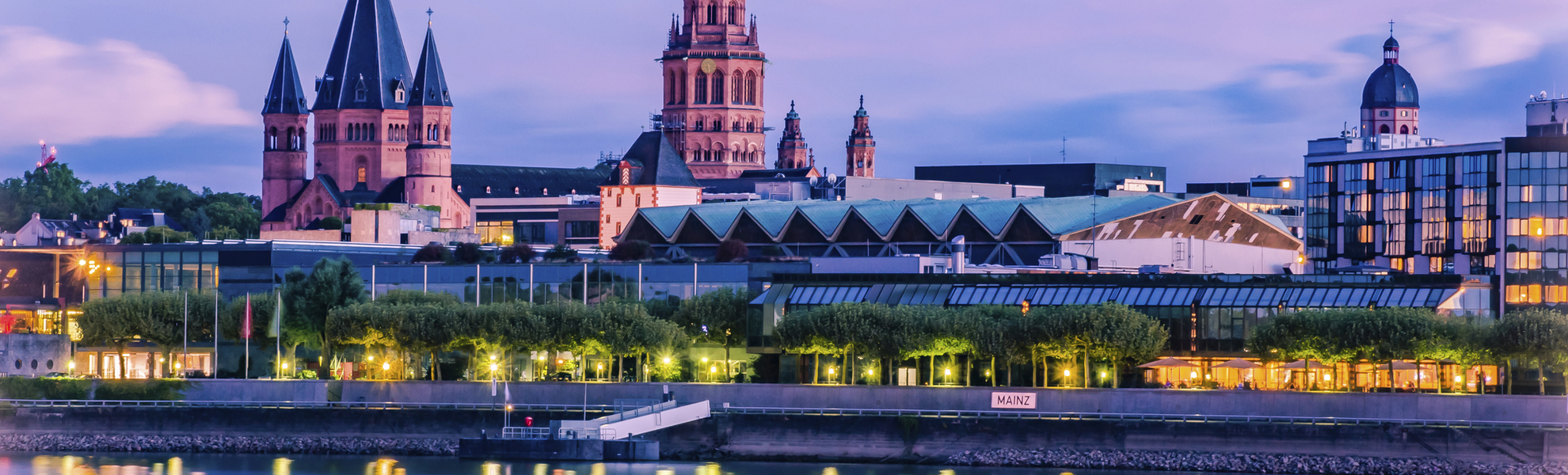 Skyline von Mainz bei Nacht, Deutschland