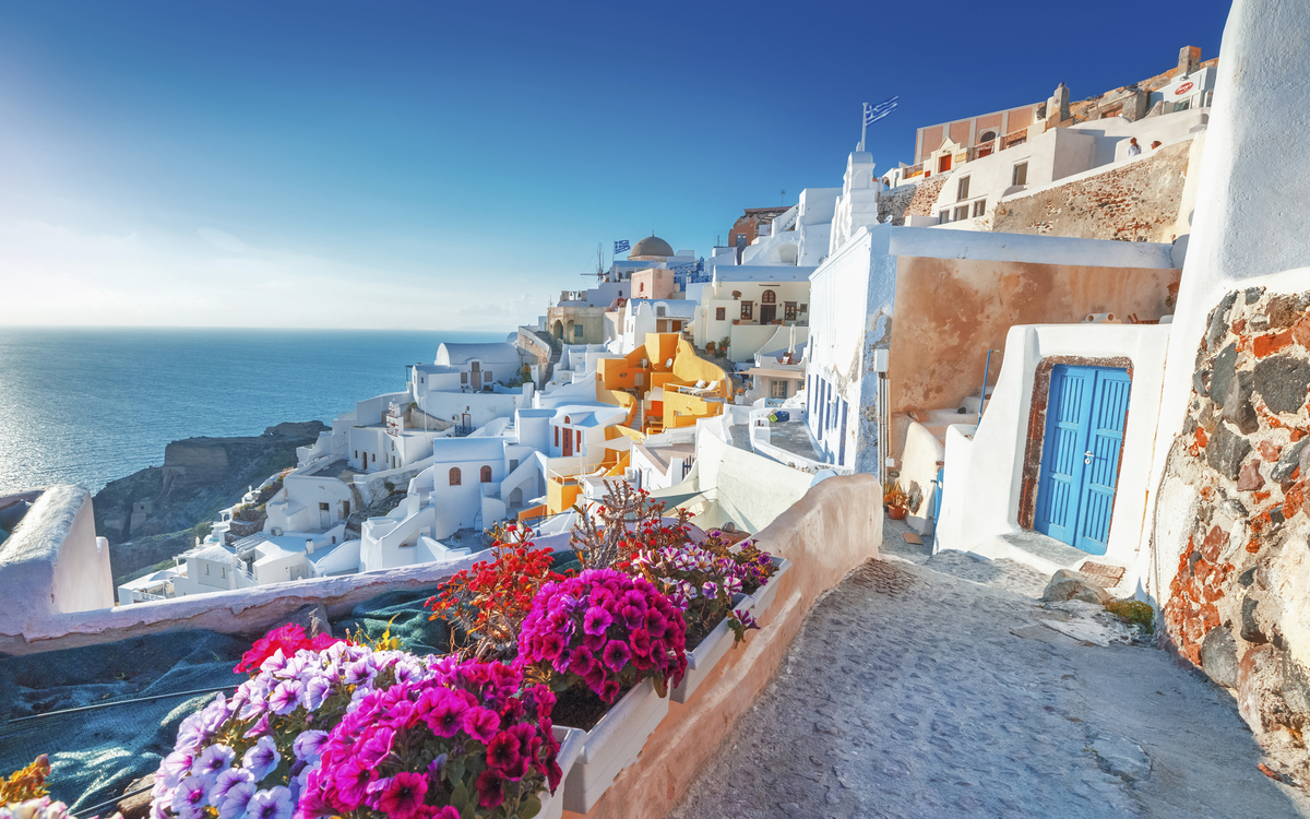 Panoramablick über Santorin und aufs Meer, Griechenland