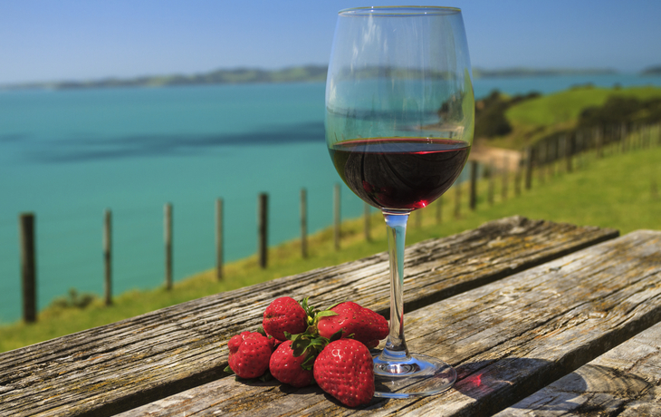 Weinglas an der Küste von Neuseeland