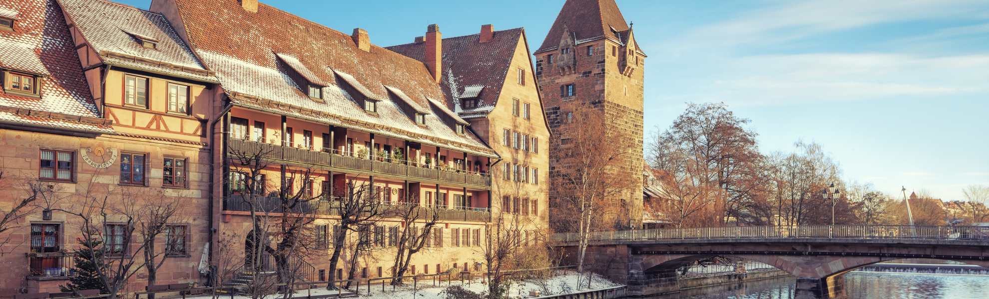 Fluss Pegnitz durch Nürnberg im Winter, Deutschland
