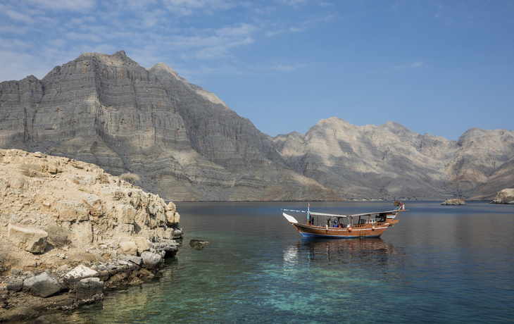 Boot im Khasab Fjord, Oman