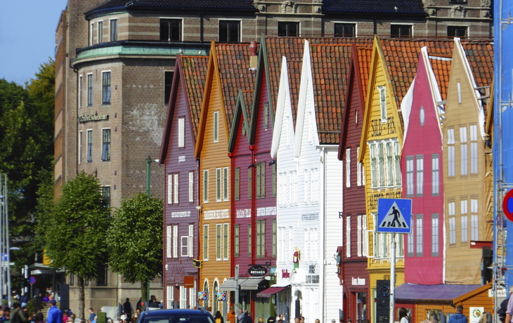 Das bekannte Fotomotiv Bryggen in Bergen, Norwegen