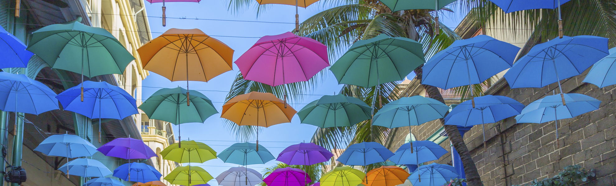 Regenschirme zieren eine Straße von Port Louis, Mauritius