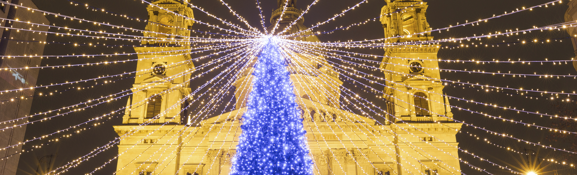 Blauer Weihnachtsbaum vor der St.-Stephans-Basilika in Budapest, Ungarn