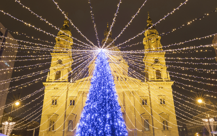 Blauer Weihnachtsbaum vor der St.-Stephans-Basilika in Budapest, Ungarn