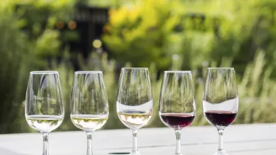 Verschiedene Weinsorten stehen in Gläsern auf einem Holztisch.