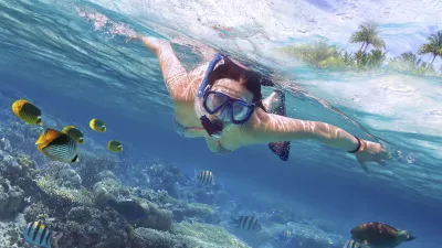 Eine Frau schnorchelt im roten Meer und beobachtet bunte Fische.