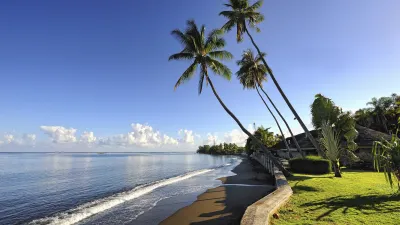 Palmen säumen den schwarzen Sandstrand an der Küste von Tahiti.