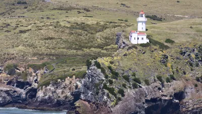Der historische Leuchtturm Taiaroa Head steht auf einer felsigen Klippe.