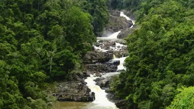 Ein Wasserfall stürzt durch einen dichten, grünen Regenwald.