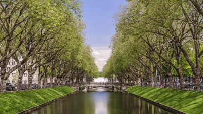 Die Königsallee in Düsseldorf mit Bäumen und Wassergraben.