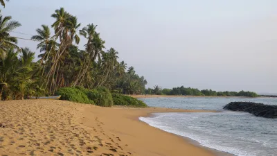 Goldener Strand mit Palmen und sanften Wellen am Horizont.