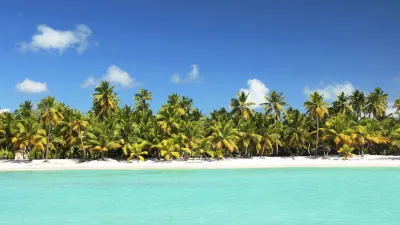 Palmen säumen den weißen Sandstrand an der türkisfarbenen Küste.