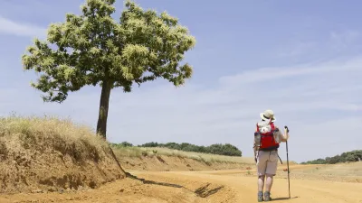 Pilger wandert auf dem Jakobsweg durch die spanische Landschaft