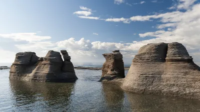 Felsformationen ragen aus dem Wasser im Mingan-Archipel.