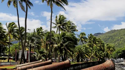 Historische Kanonen stehen auf einer Promenade mit Palmen.