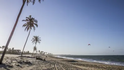 Palmen säumen den sandigen Strand am brasilianischen Meer
