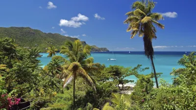 Karibische Landschaft mit Palmen und türkisfarbenem Meer.