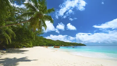 Weißer Sandstrand mit türkisfarbenem Wasser und Palmen auf den Seychellen.