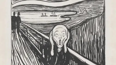 Ein verzerrtes Gesicht schreit entsetzt in einer dramatischen Landschaft.