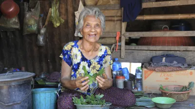 Lachende ältere Frau sitzt mit Pflanzen in der Hand.
