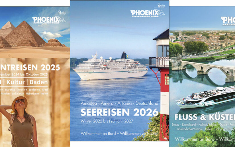 Collage: Katalogie Orient 2025, Seereisen 2026, Fluss & Küsten 2025
